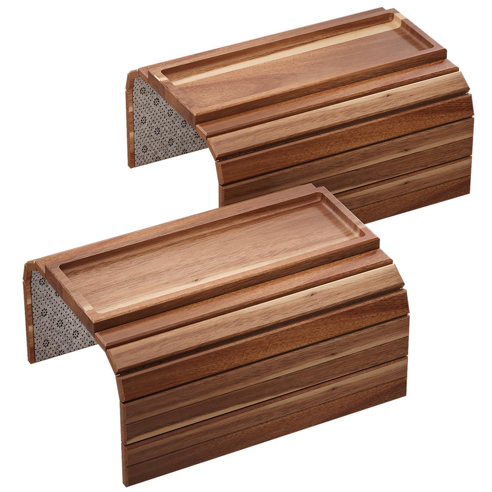 Danfoxer sofa arm tray on acacia wood top view, stable for drinks