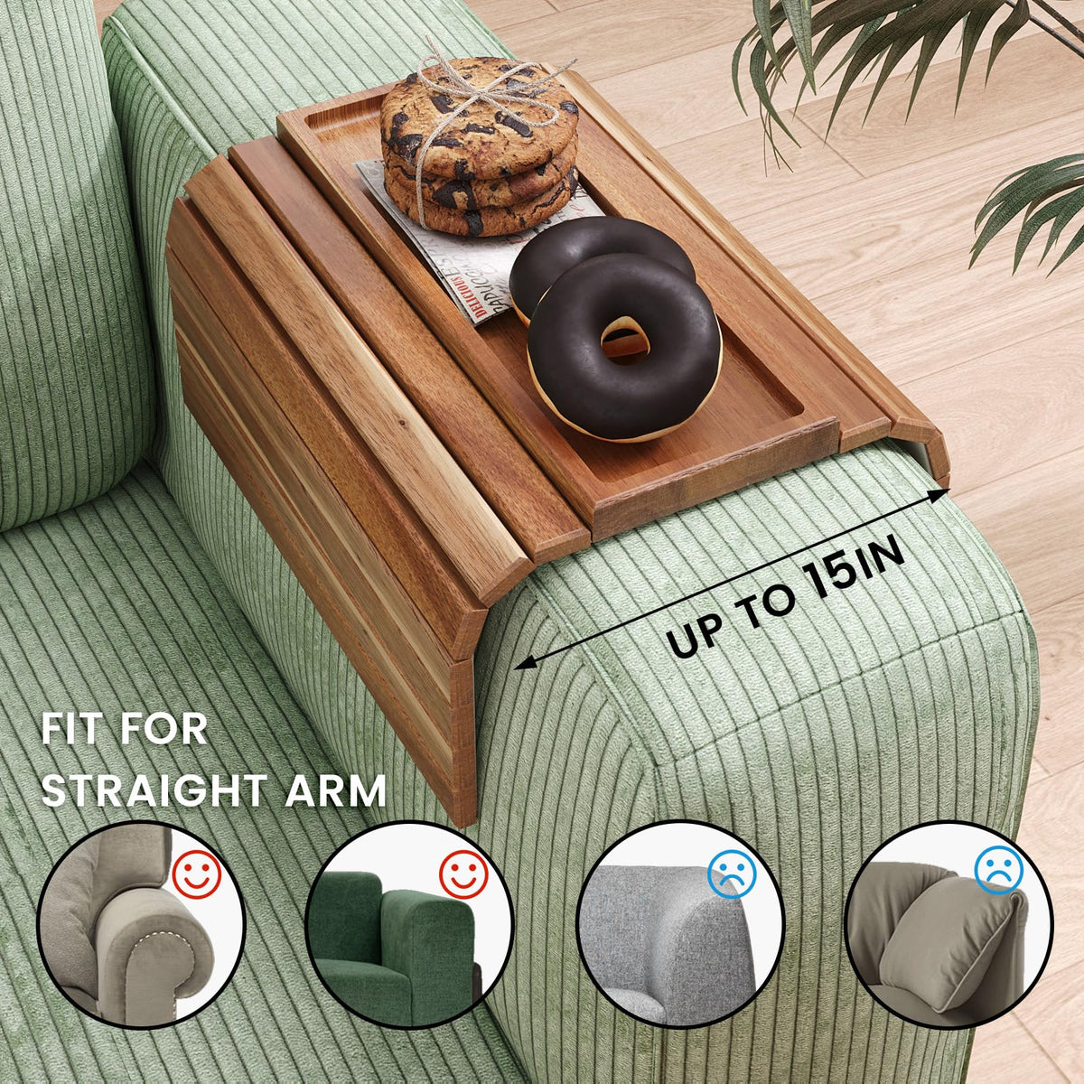 Danfoxer sofa arm tray with anti-slip rim prevents spills