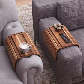 Danfoxer sofa arm tray folded for compact storage beside couch