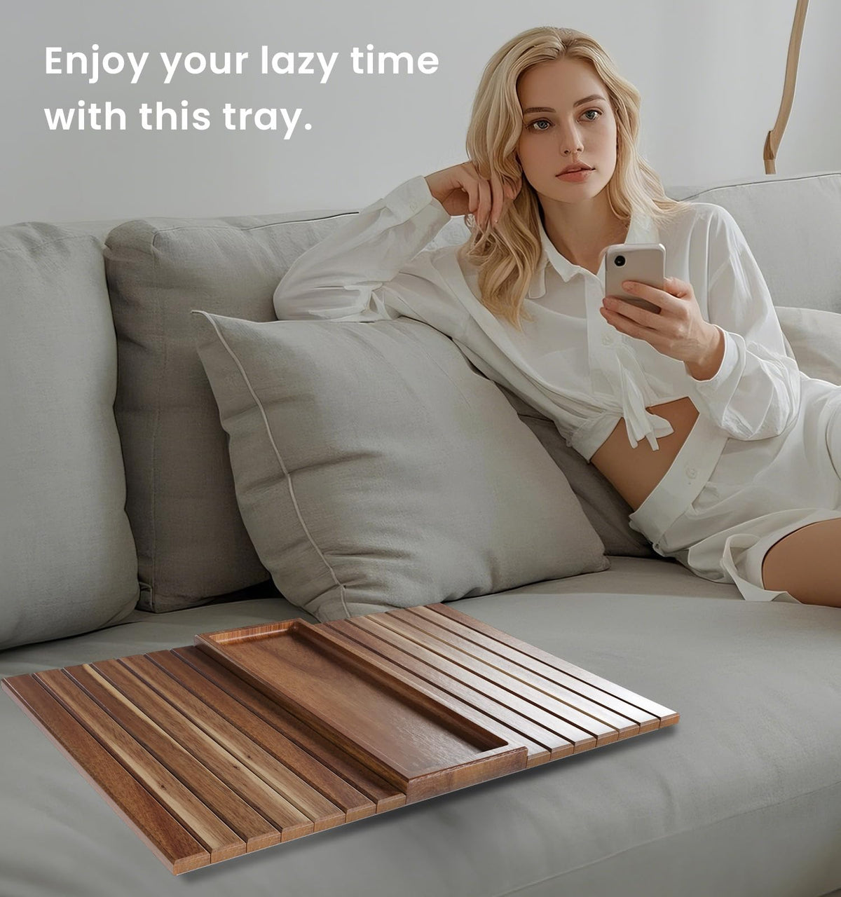 Danfoxer arm tray holds drinks and snacks during movie night