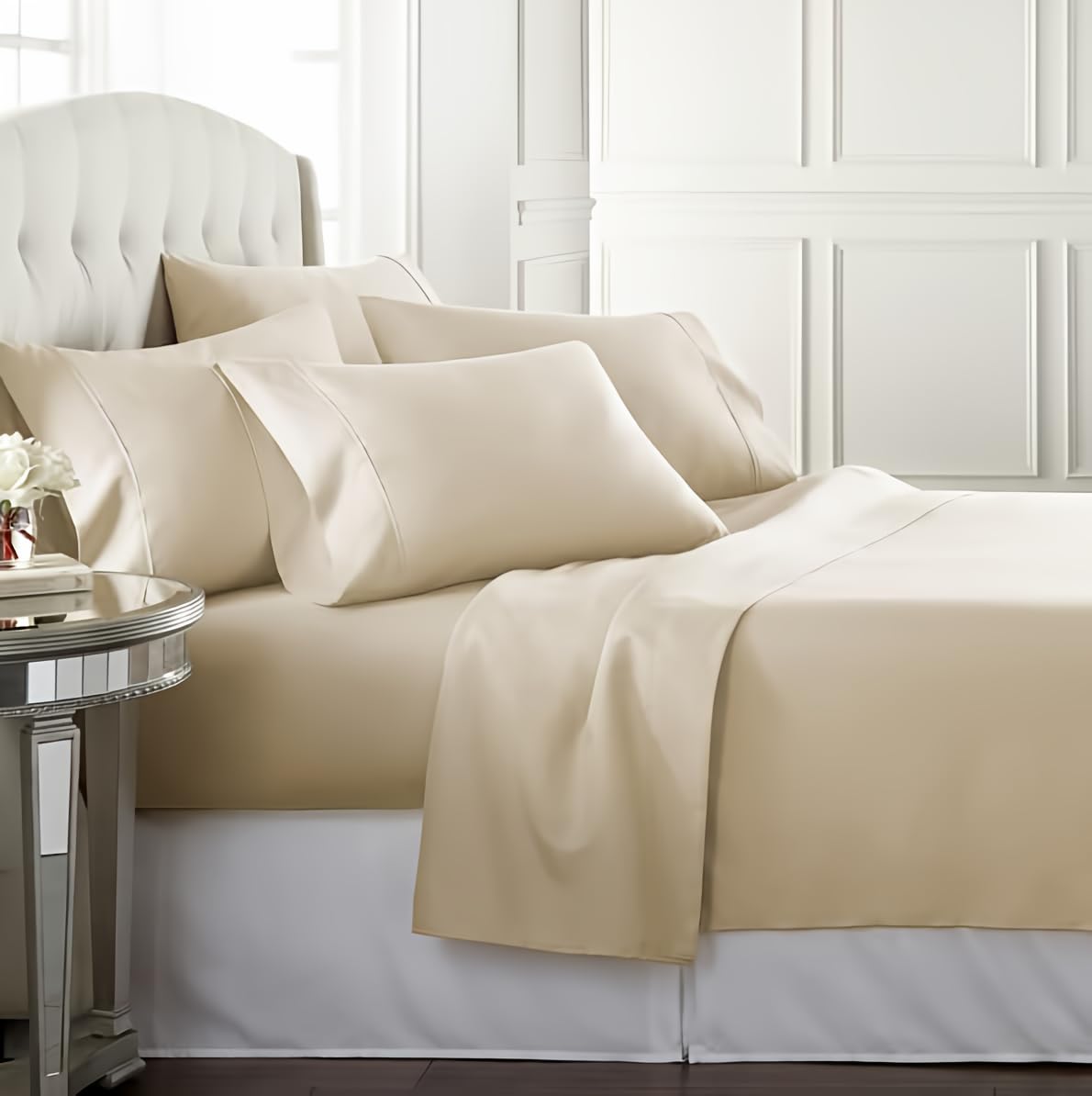Danjor Linens queen cream flat sheet on bed showing generous drape