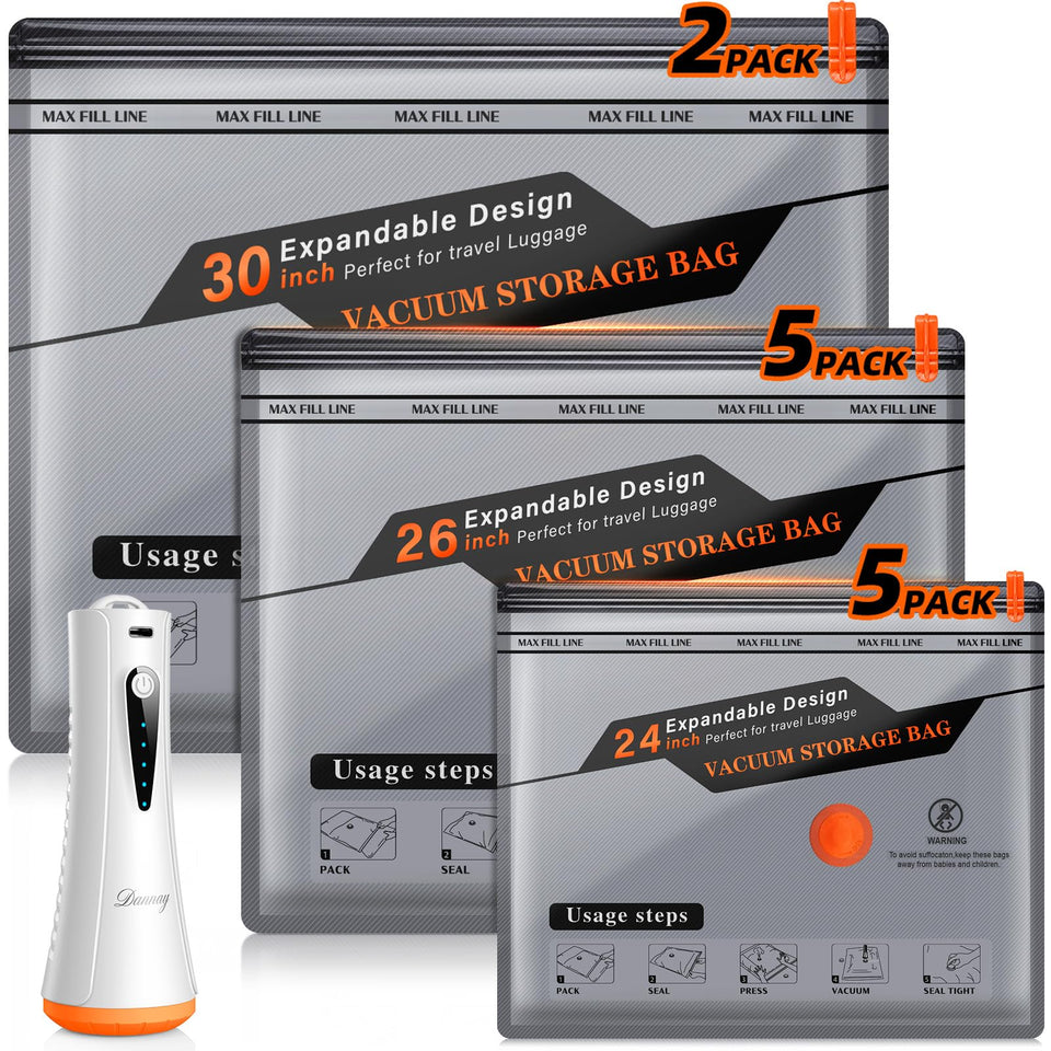 DANNARY vacuum storage bags in use for travel, saving space and organizing clothing.