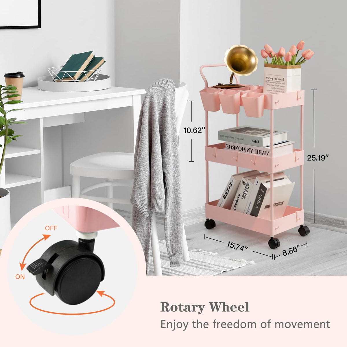 Danpinera arc-handle rolling cart for smooth movement and easy reach.