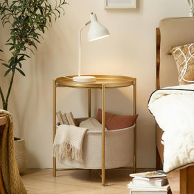 Danpinera gold side table with fabric storage basket for organized space.