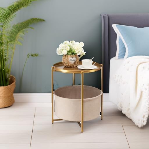 Danpinera gold side table used as a nightstand with accessible storage.