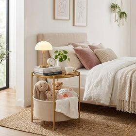 Danpinera gold side table on patio for outdoor entertaining.