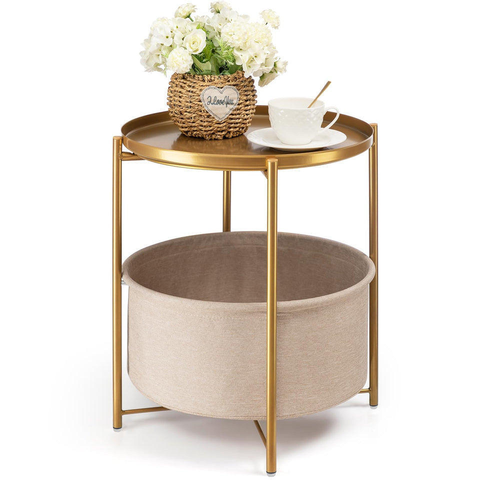 Danpinera gold side table with removable tray for easy serving and storage.