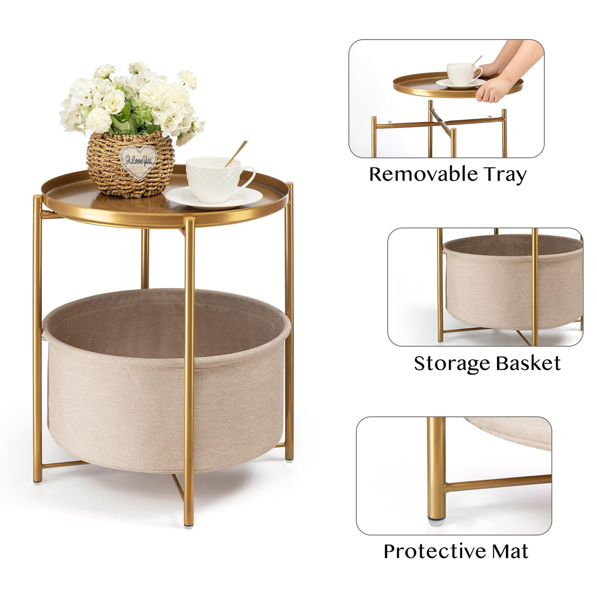 Danpinera gold side table close-up shows smooth finish and elegant styling.