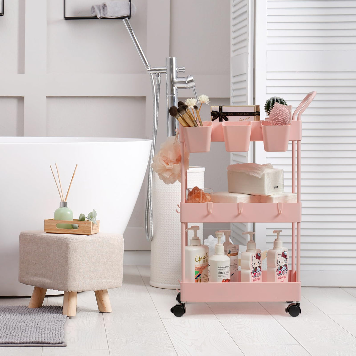 Danpinera pink cart adds color while organizing in small spaces.