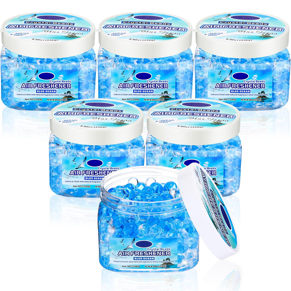 Dansib beads in a blue ocean jar provide long-lasting room freshness.