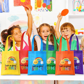 Dansydaisy blue rainbow tote, ideal for party favors and shopping.