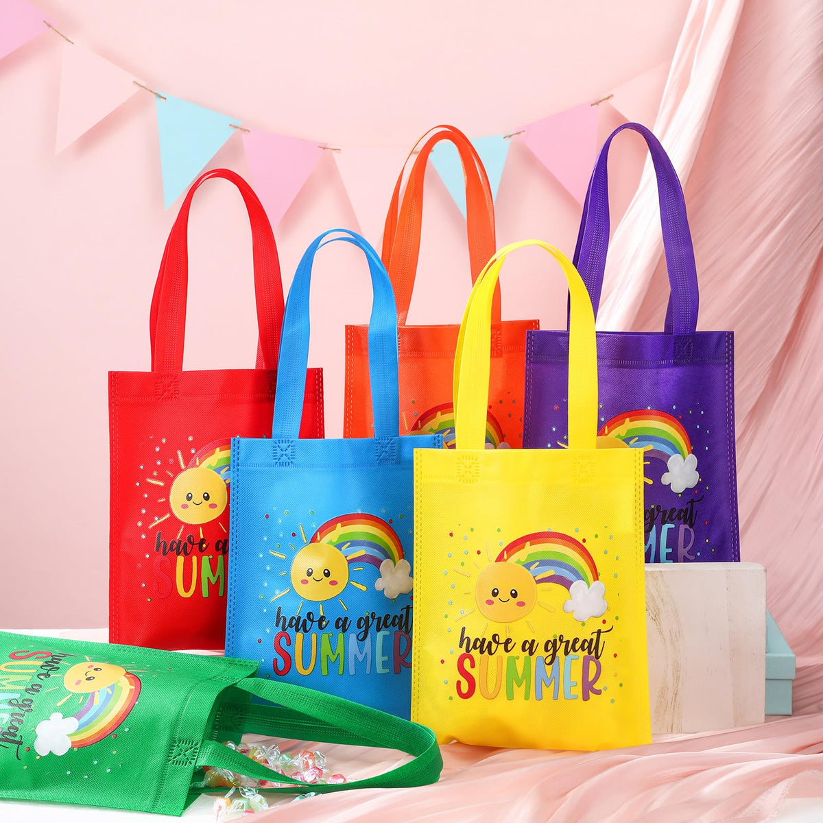 Dansydaisy green rainbow bag, reusable and easy to carry gifts.