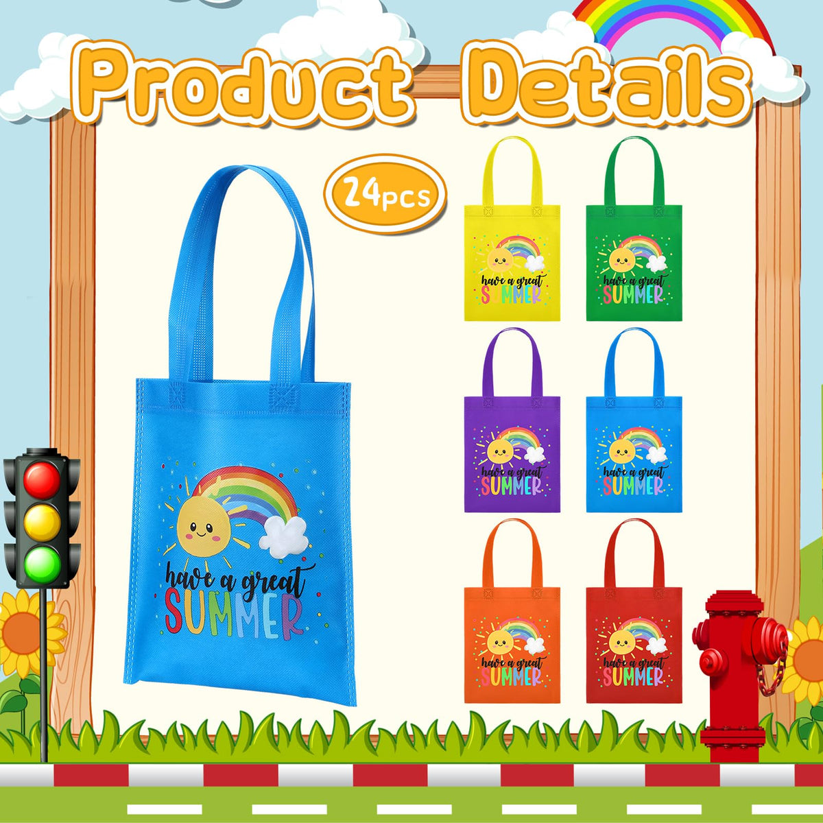 Dansydaisy yellow rainbow tote, a cheerful option for classroom giveaways.