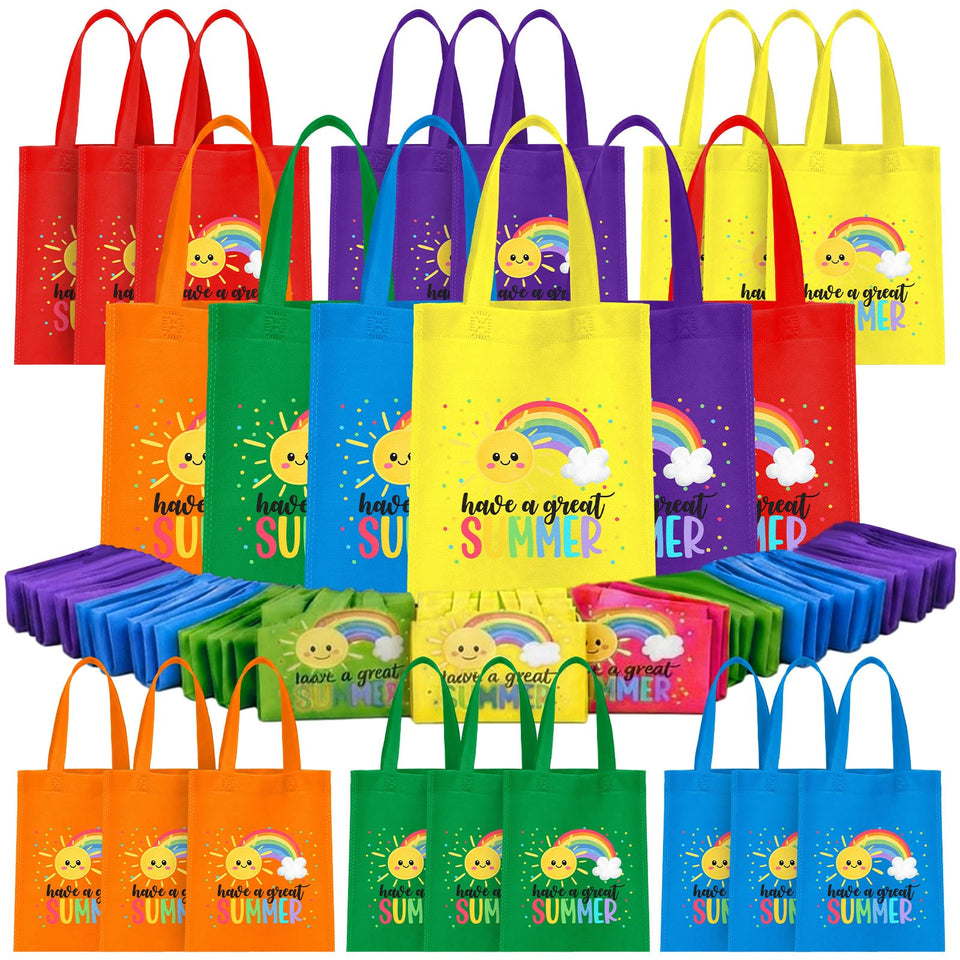 Dansydaisy rainbow non woven gift bags with handles showcase six vibrant colors for festive gifting.