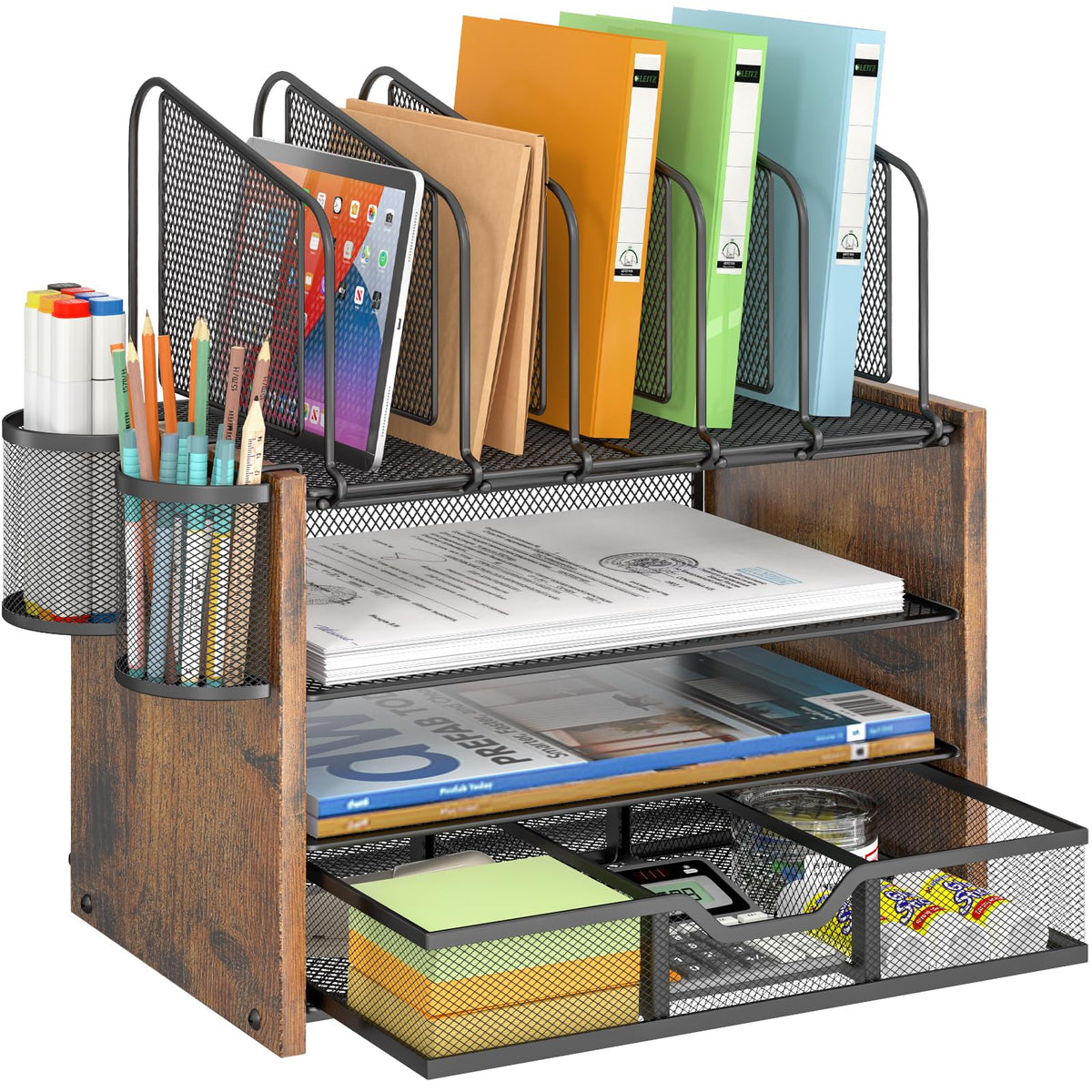 DAOUTIME 4-Tier Mesh Desk Organizer with wood accents for a tidy home office