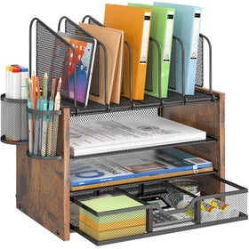 DAOUTIME 4-Tier Mesh Desk Organizer with wood accents for a tidy home office