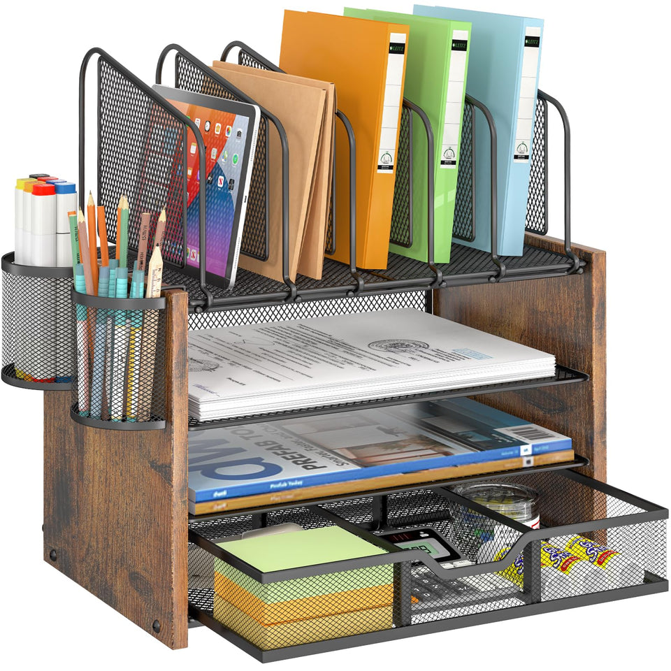 DAOUTIME 4-Tier Mesh Desk Organizer with wood accents for a tidy home office
