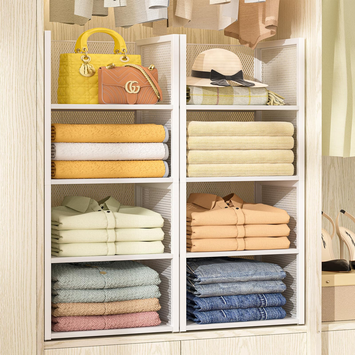 DAOUTIME 4-tier stackable closet organizer with wire shelves keeps shirts neatly organized.