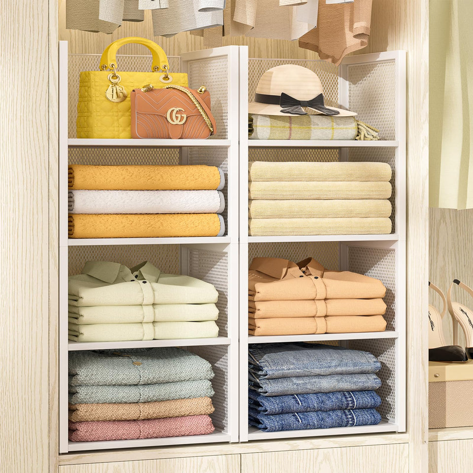 DAOUTIME 4-tier stackable closet organizer with wire shelves keeps shirts neatly organized.