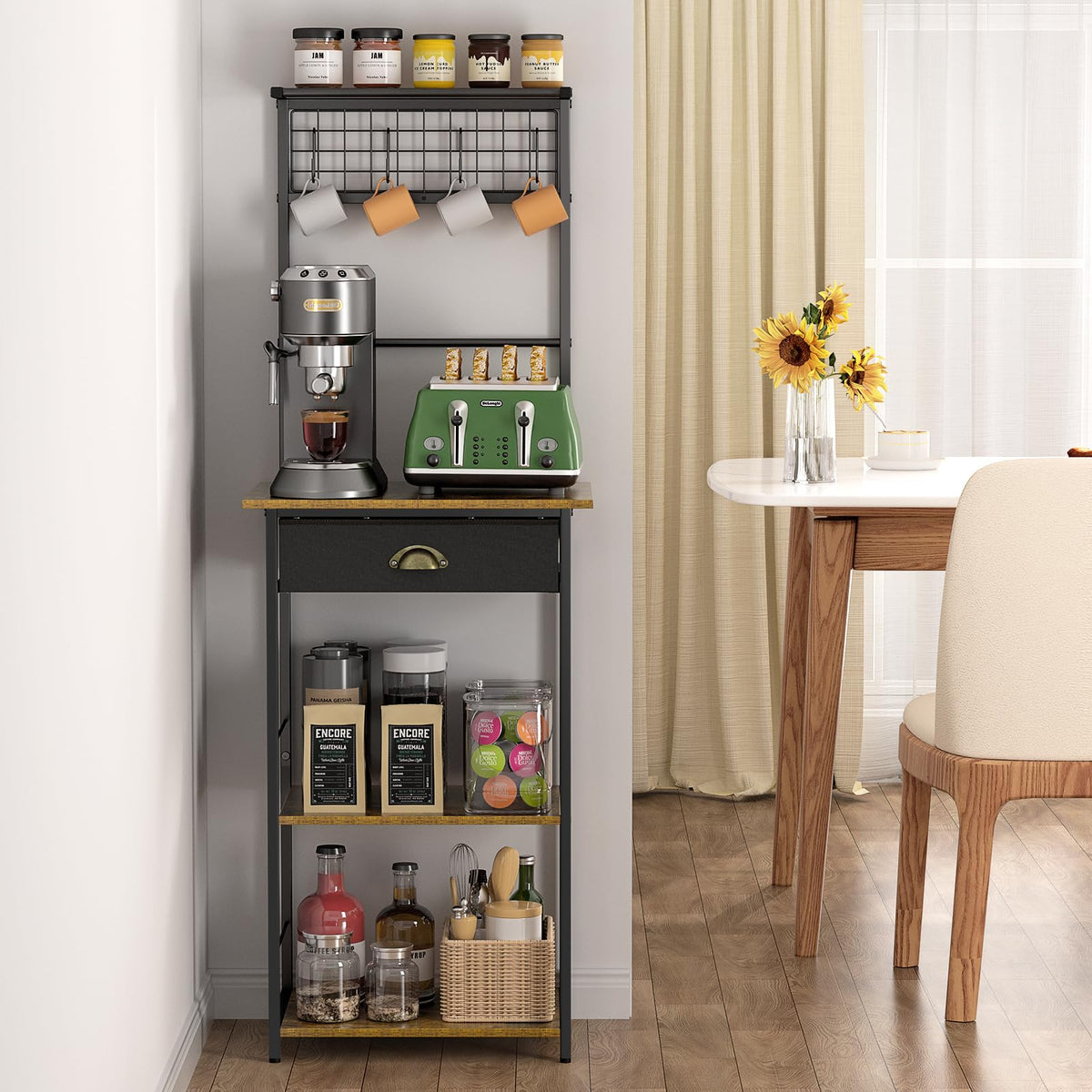 DAOUTIME 5-tier coffee bar with drawer shows organized mug storage and accessories.