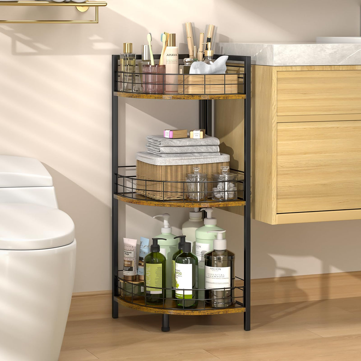 DAOUTIME 3-tier bathroom shelf shown in a compact corner for organized storage