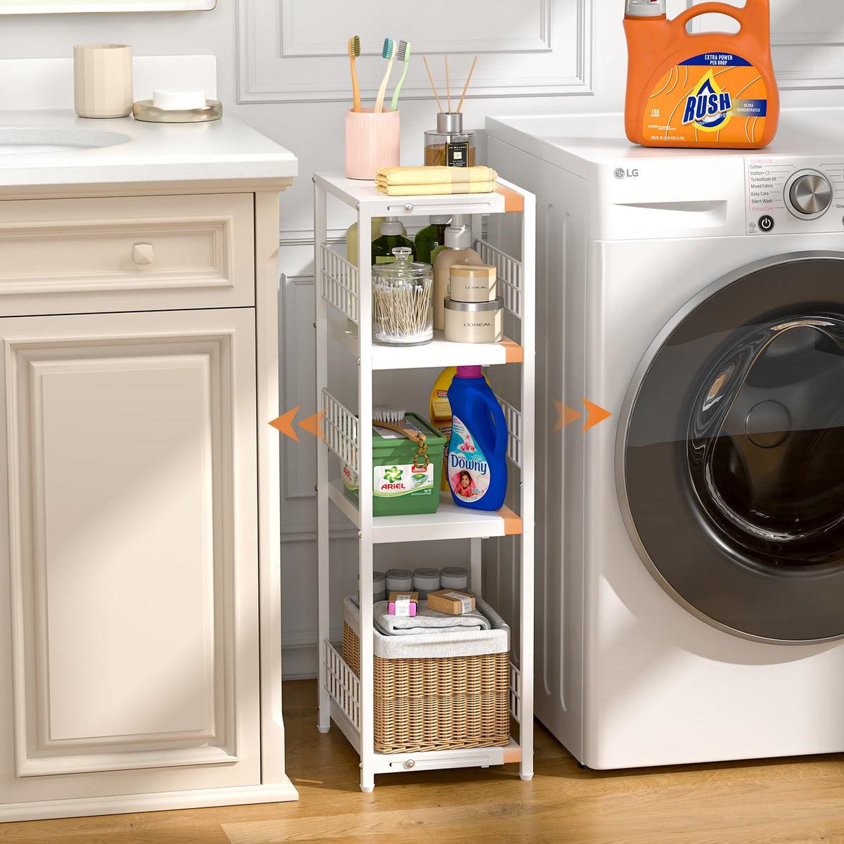 DAOUTIME bathroom storage unit filled with towels and toiletries.