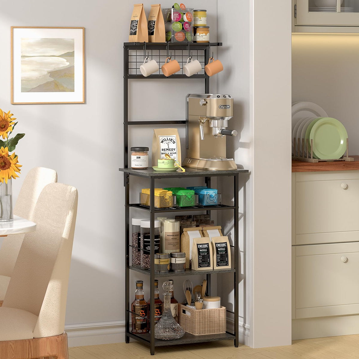 DAOUTIME coffee bar with hooks and cups for easy mug storage.