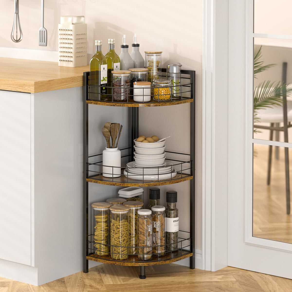Corner shelf with wood shelves and metal frame in a bathroom corner