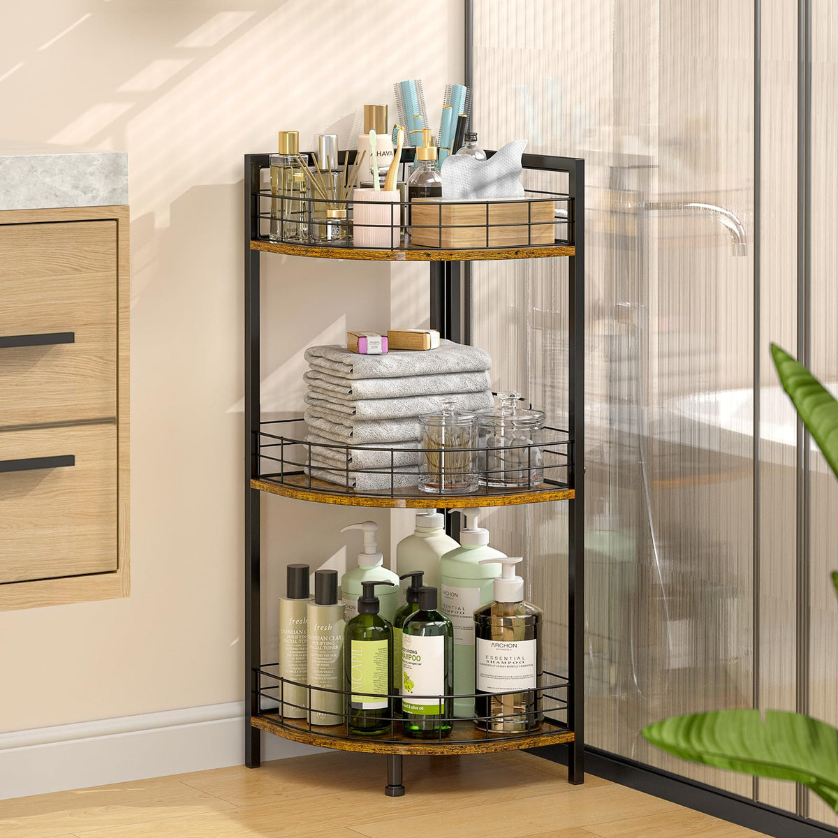 Daily essentials neatly organized on the middle and top tiers beside a sink