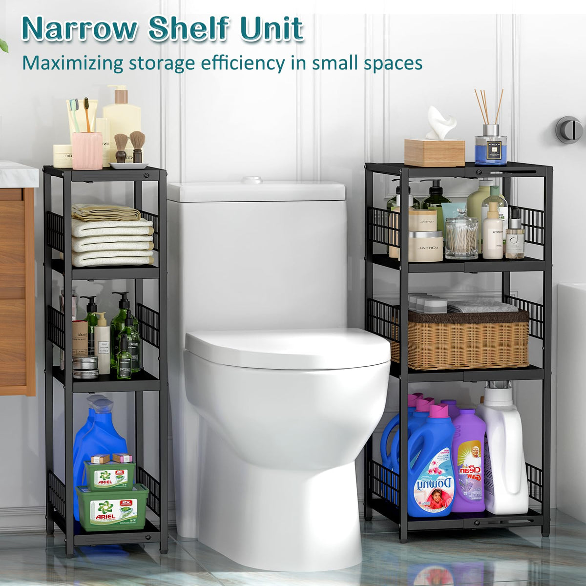 DAOUTIME expandable slim storage shelf with adjustable width, fits varying spaces.