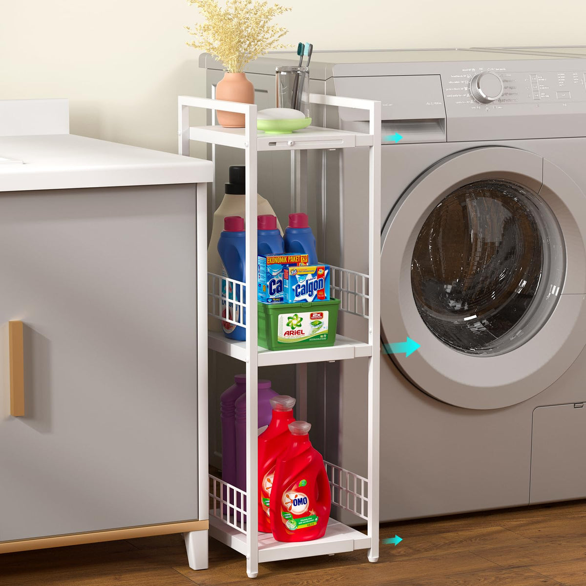 DAOUTIME expandable slim storage shelf shows adjustable width for varied gaps