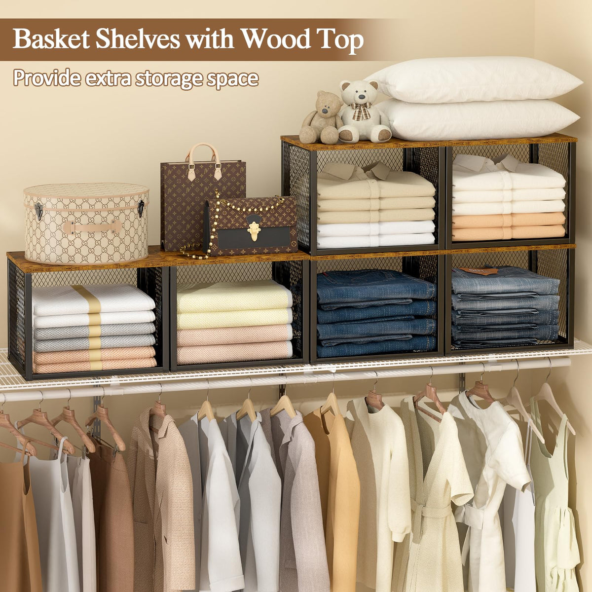 DAOUTIME iron-mesh shelf stacks neatly in a closet for tidy storage.