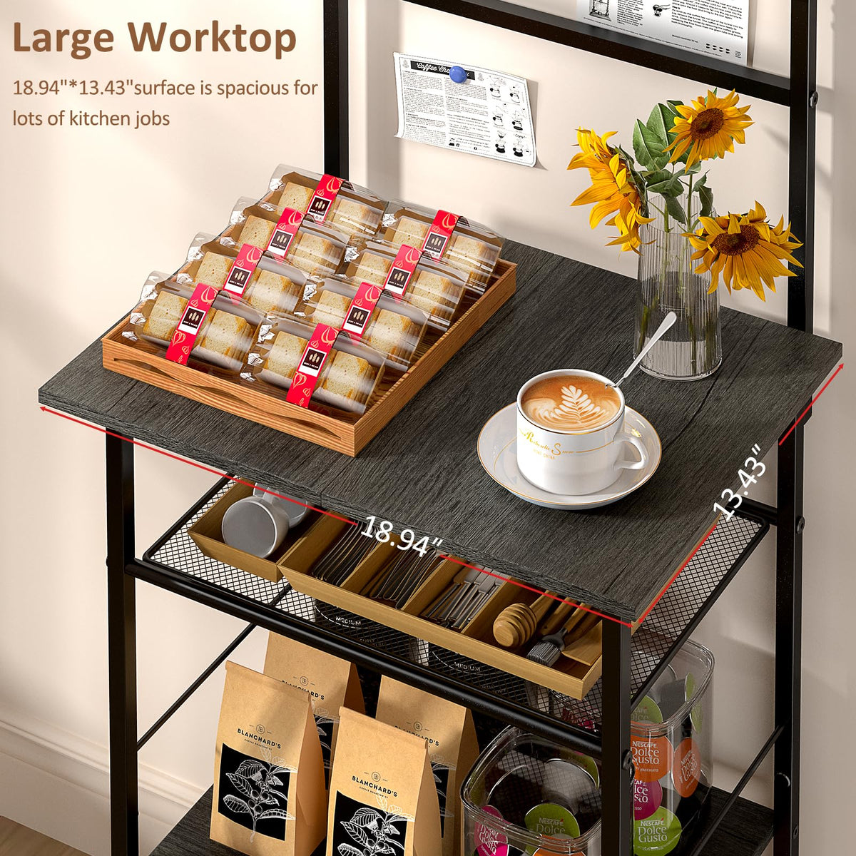 DAOUTIME kitchen bakers rack with shelf for extra storage.