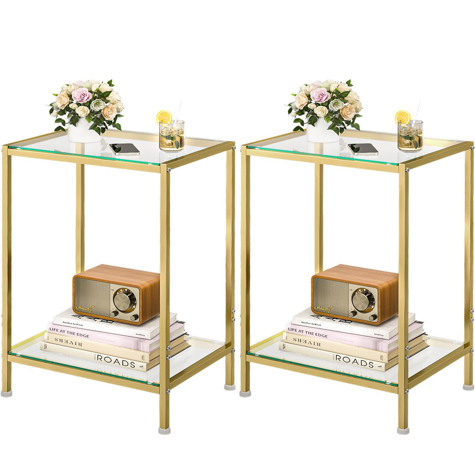 DAOUTIME side table with gold metal frame and glass top for a sleek, elegant accent.