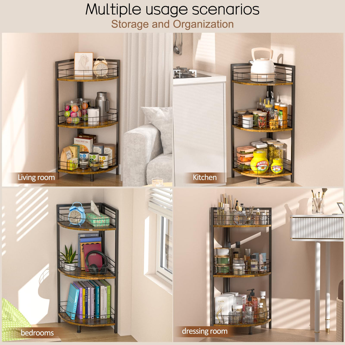 Sturdy metal frame with tiered shelves providing stable storage