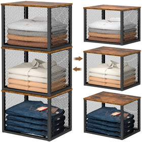 DAOUTIME stackable closet organizer with wood top provides extra surface space for bags.
