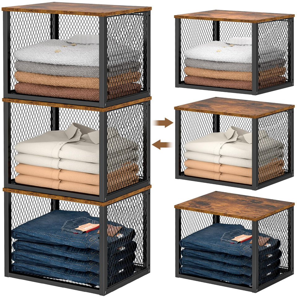 DAOUTIME stackable closet organizer with wood top provides extra surface space for bags.