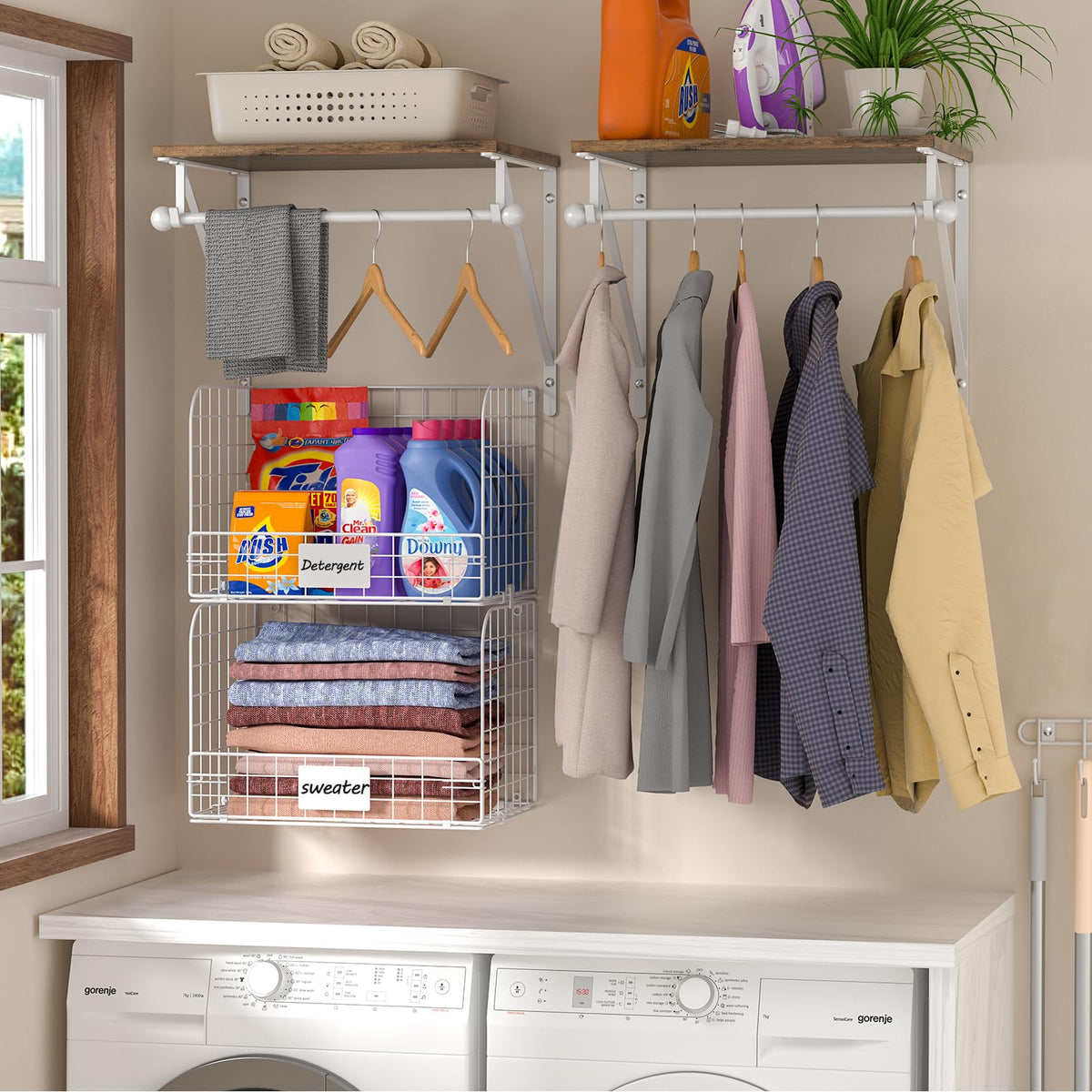 DAOUTIME wall-mounted shelves with wire baskets to reduce clutter