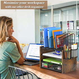 DAOUTIME wooden desk file organizer highlights 5 vertical holders for easy filing