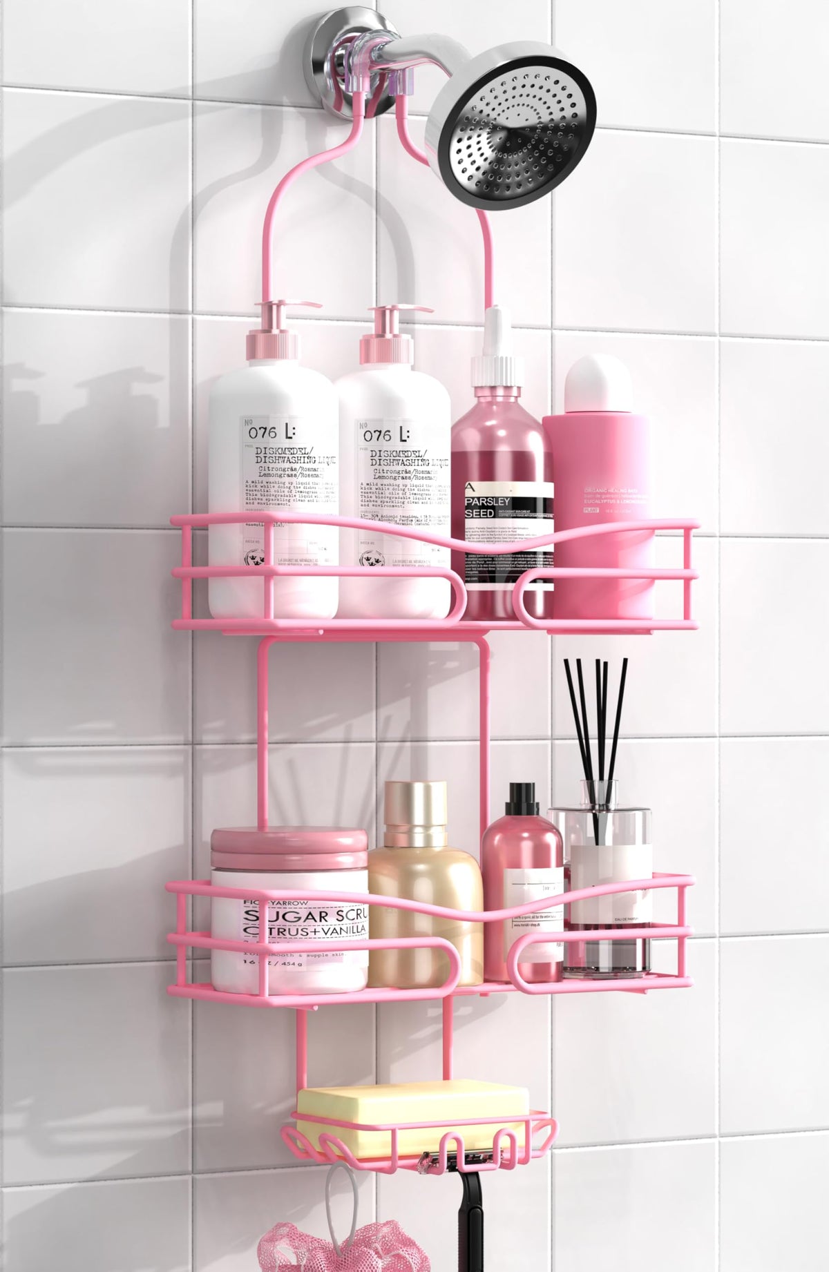 DAOYA pink 3-tier over head shower caddy keeps bath essentials organized.