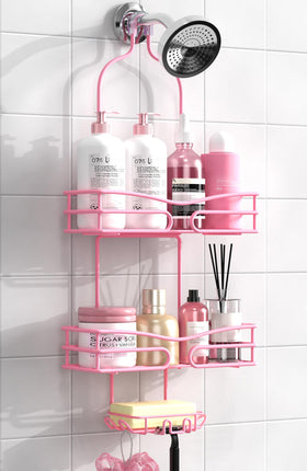 DAOYA pink 3-tier over head shower caddy keeps bath essentials organized.