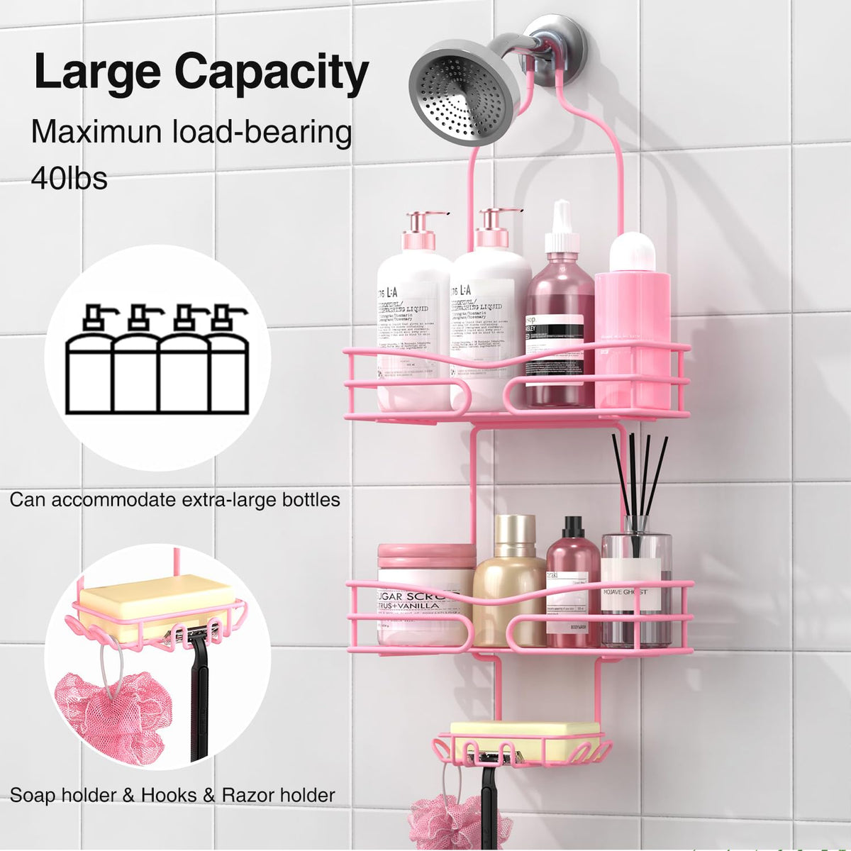 DAOYA pink shower caddy with soap holder for easy access.