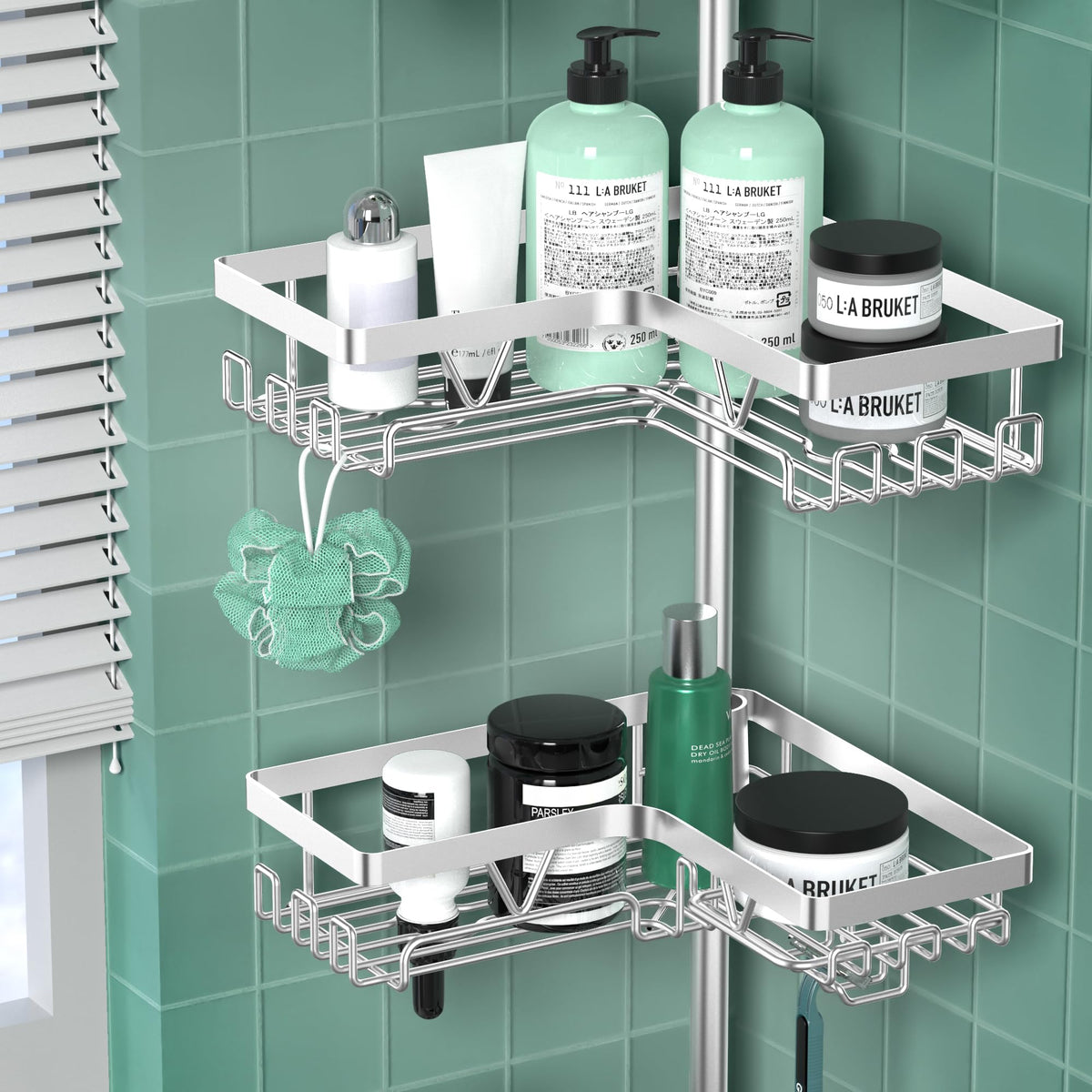 DAOYA caddy baskets with built-in soap trays keep items organized.