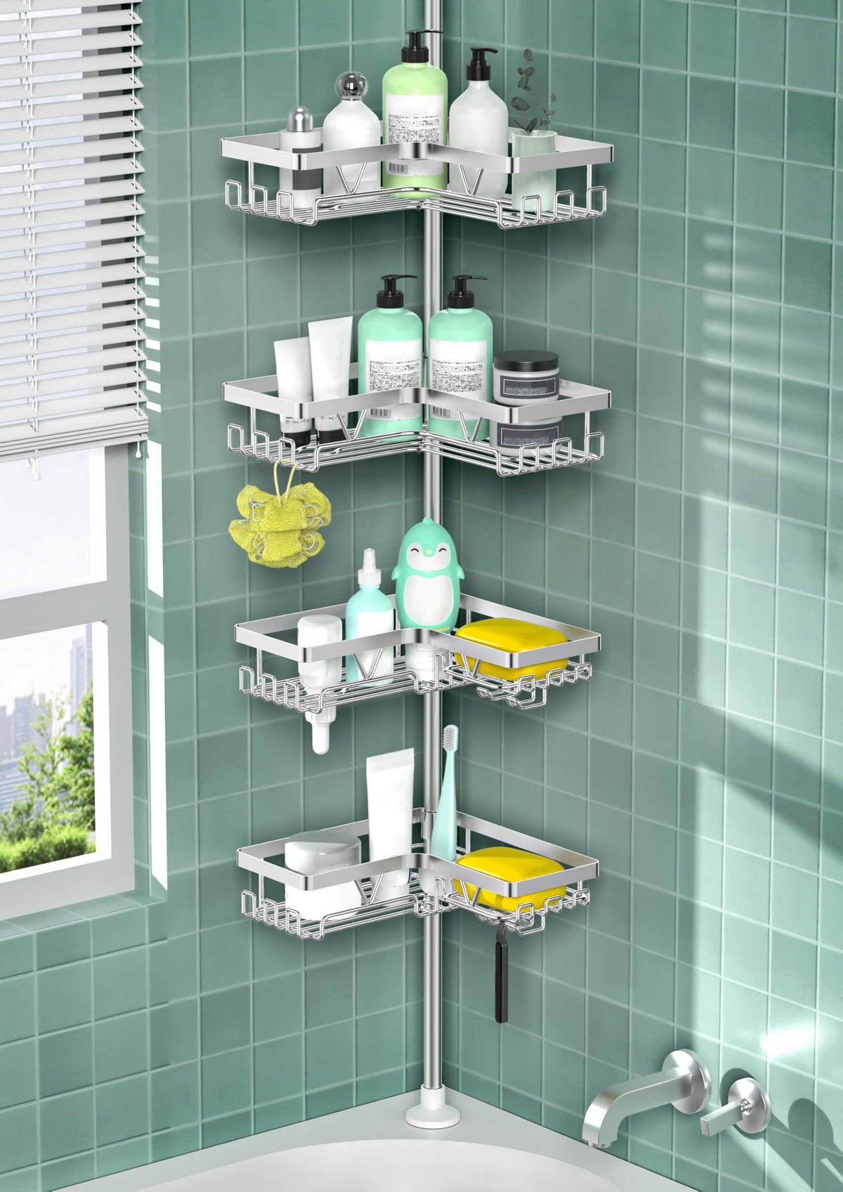 DAOYA Shower Caddy tension pole full view highlights space-saving corner storage for towels and bottles.