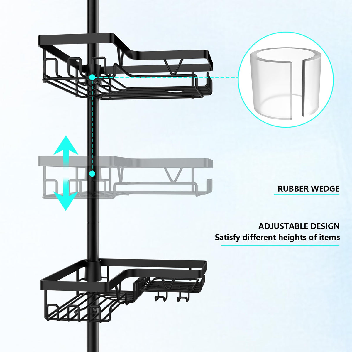 DAOYA tension-pole shower caddy shows adjustable height for a custom bathroom fit.