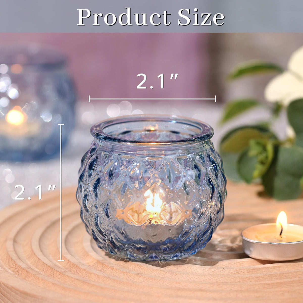 Closeup of DARJEN blue votive showing diamond texture for sparkling accents.