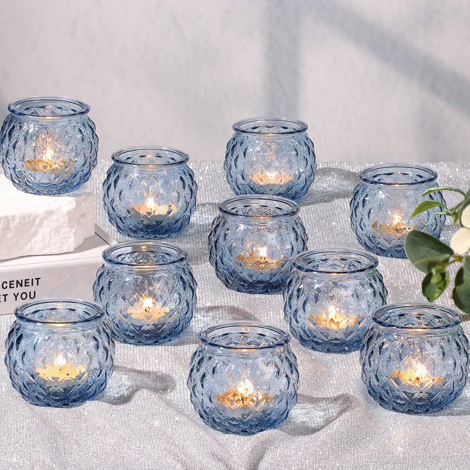 DARJEN blue votive set with diamond texture enhances wedding table ambiance.