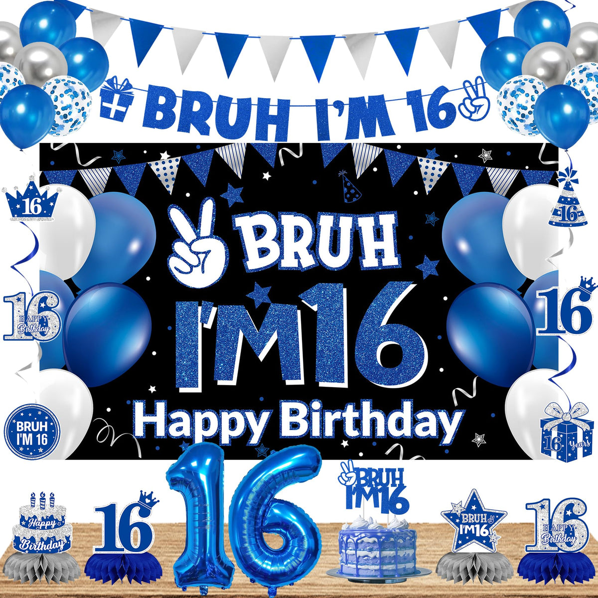 DARUNAXY Bruh I’m 16 blue banner creates a bold birthday backdrop for photos.