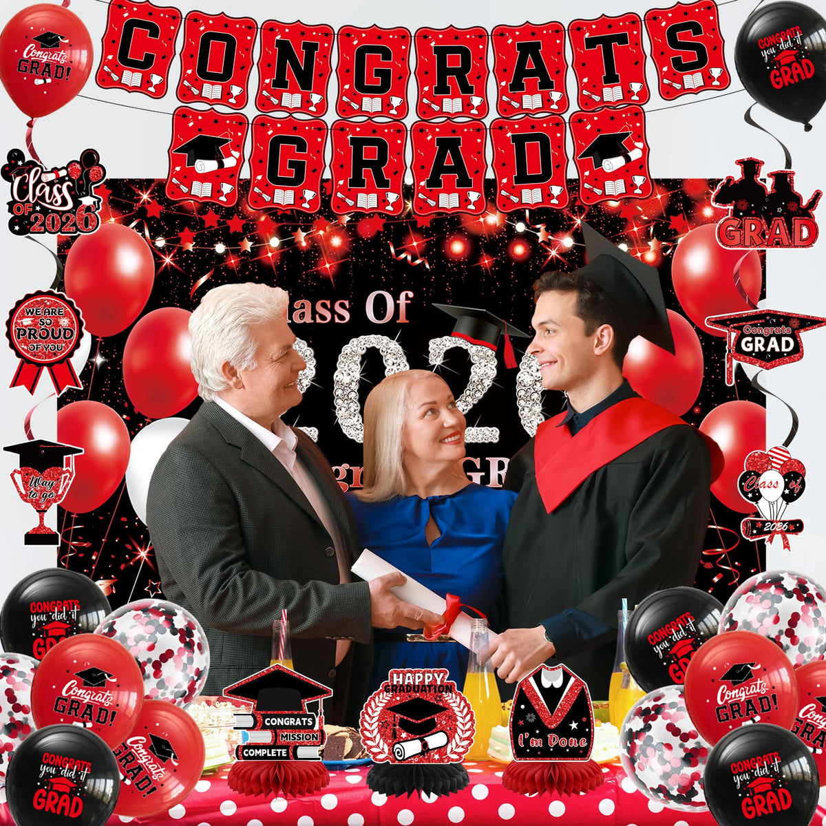DARUNAXY CONGRAT GRAD glitter banner adds sparkle to the backdrop.