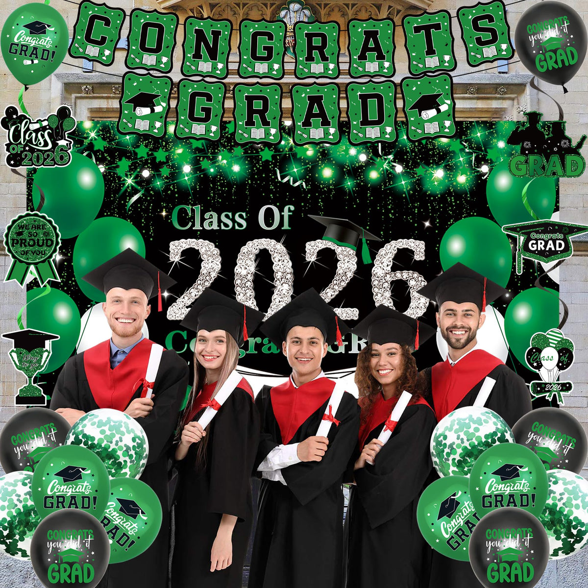 DARUNAXY Green Class of 2026 themed decor elevates party ambiance